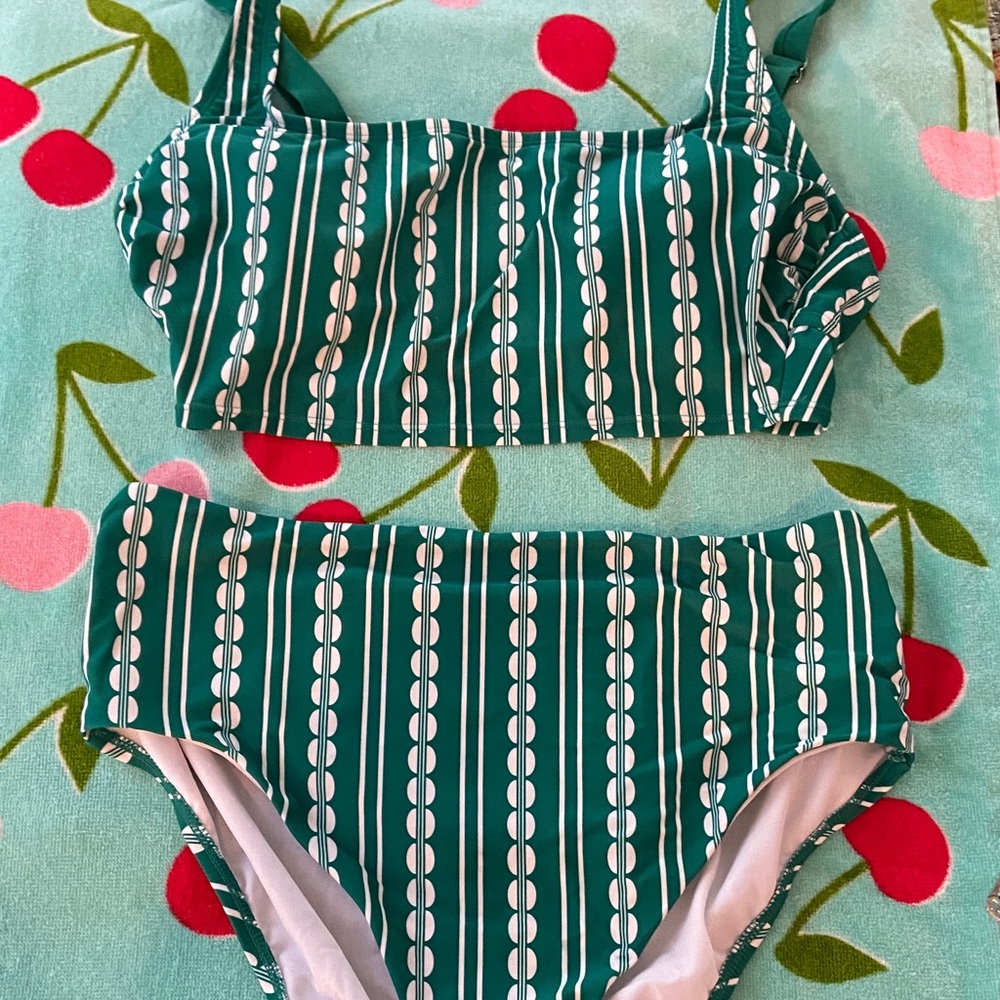 Kona Sol Green and White Striped High Waisted Two Piece